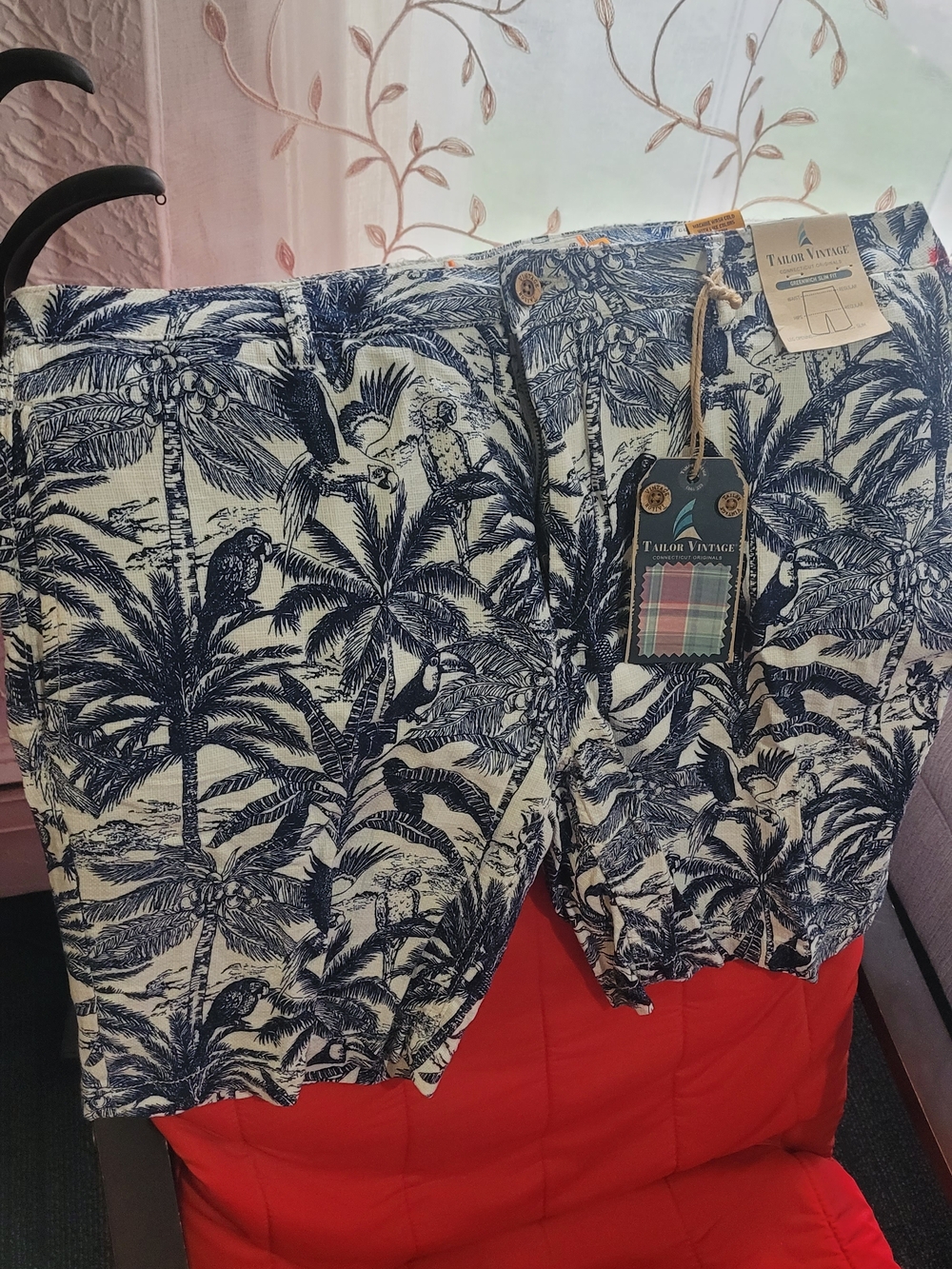 Tailor Vintage Tropical Palm Print Shorts in Navy & White
